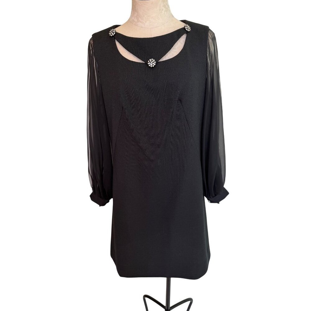 Vintage Womens Black Dress Size Large Black Sheer Sleeves Cut out Details